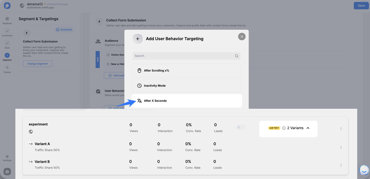 Popupsmart popup timing and A/B test configuration interface