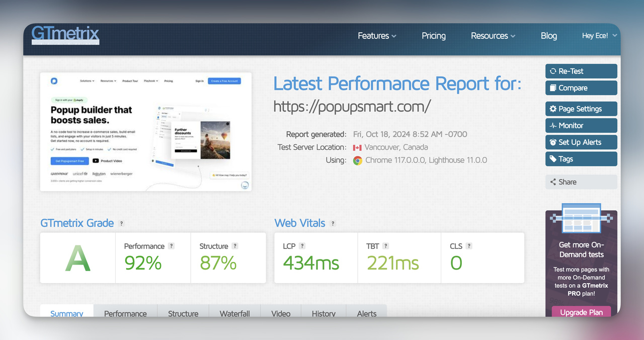Performance report from GTmetrix showing Popupsmart page speed score of 92 percent