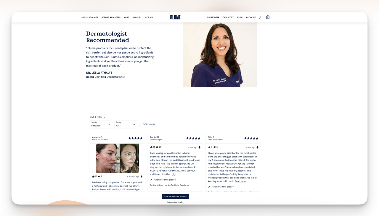 Blume landing page showing both dermatologist reviews and customer testimonials as social proof