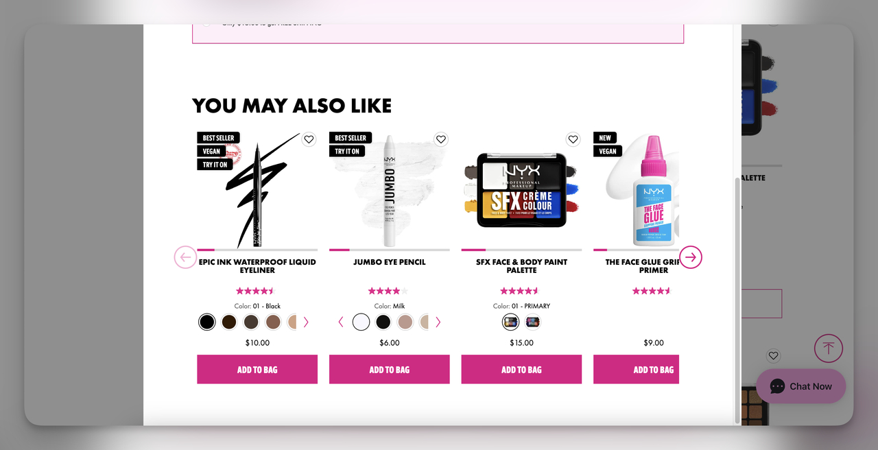 Personalized product recommendation banner from NYX cosmetics website