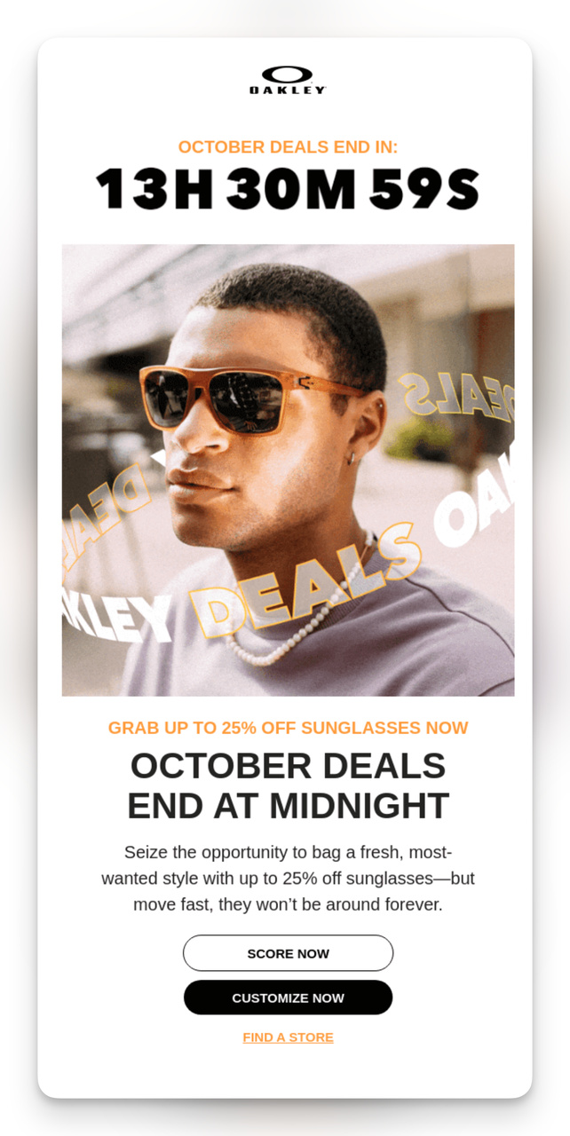 Email from Bakley showing urgency-driven subject line October Deals End At Midnight