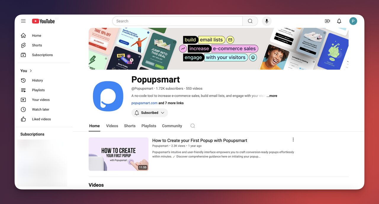 YouTube'da Popupsmart hesabı
