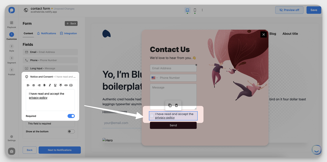 Adding privacy and consent checkbox to a Popupsmart contact form