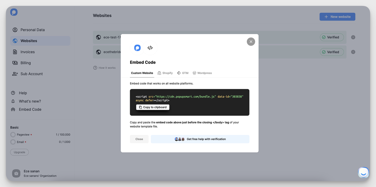 Popupsmart embed code snippet to add to your website