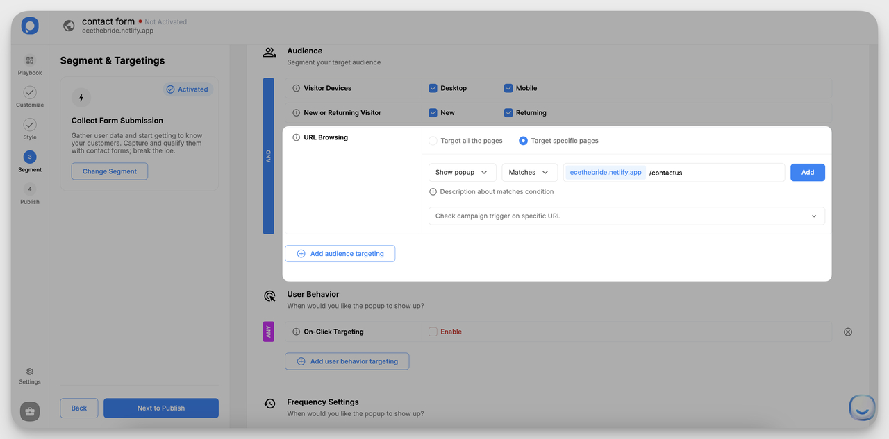 Popupsmart URL targeting feature for contact form display rules