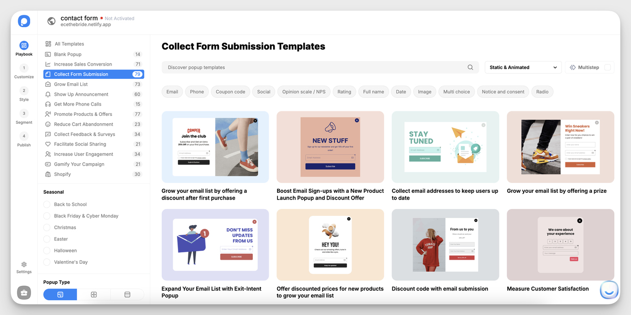 Popupsmart Collect Form Submission templates for different business purposes