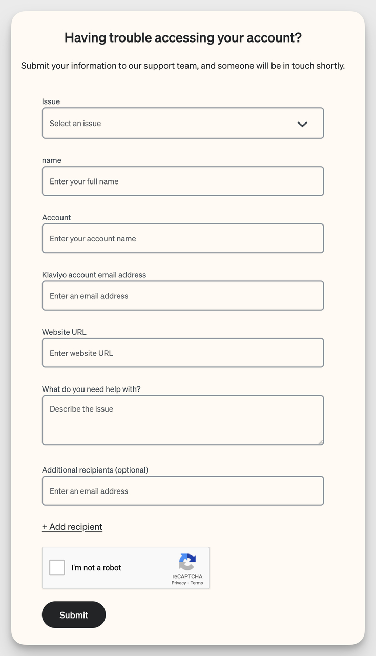 Klaviyo customer support contact form example