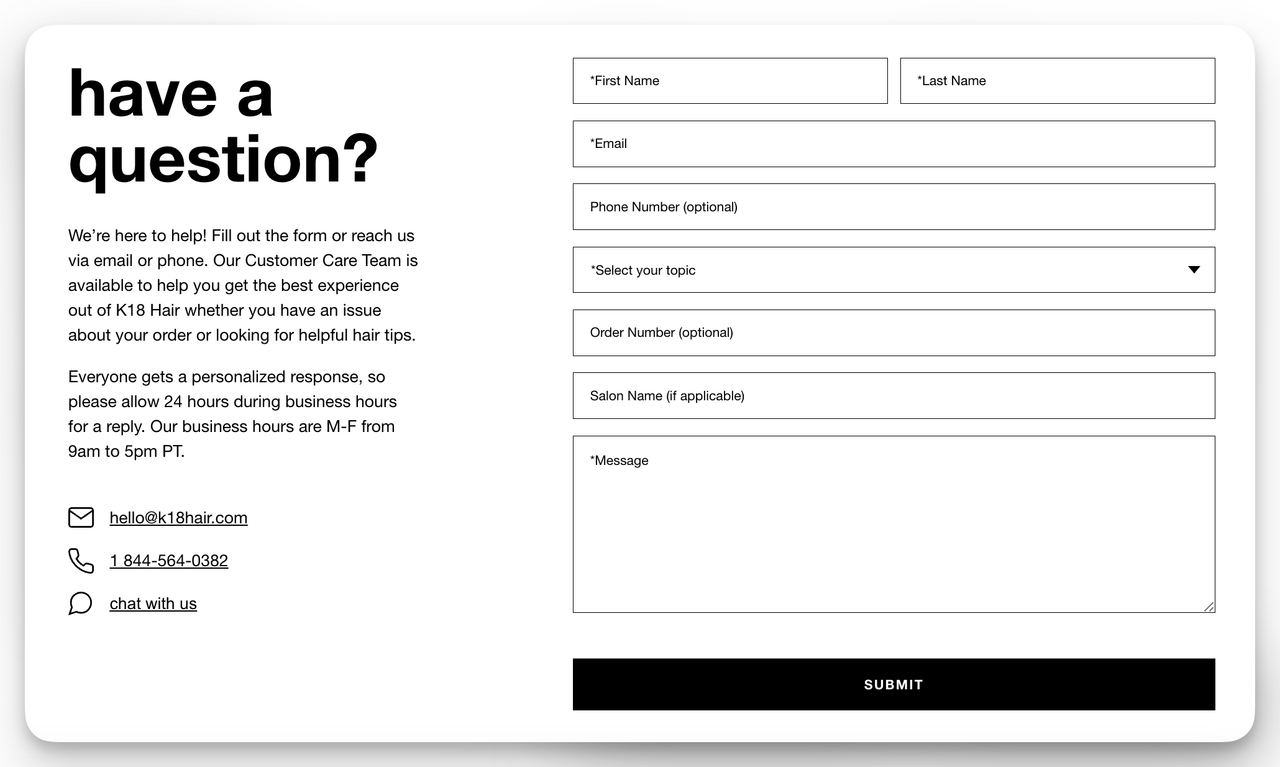 K18 hair care contact form with simple field design