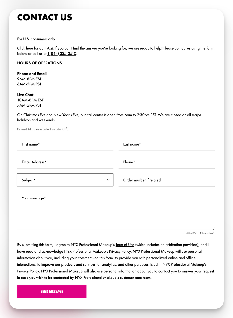 NYX cosmetics contact form example