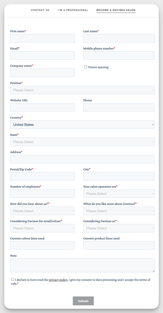 Davines partnership contact form example