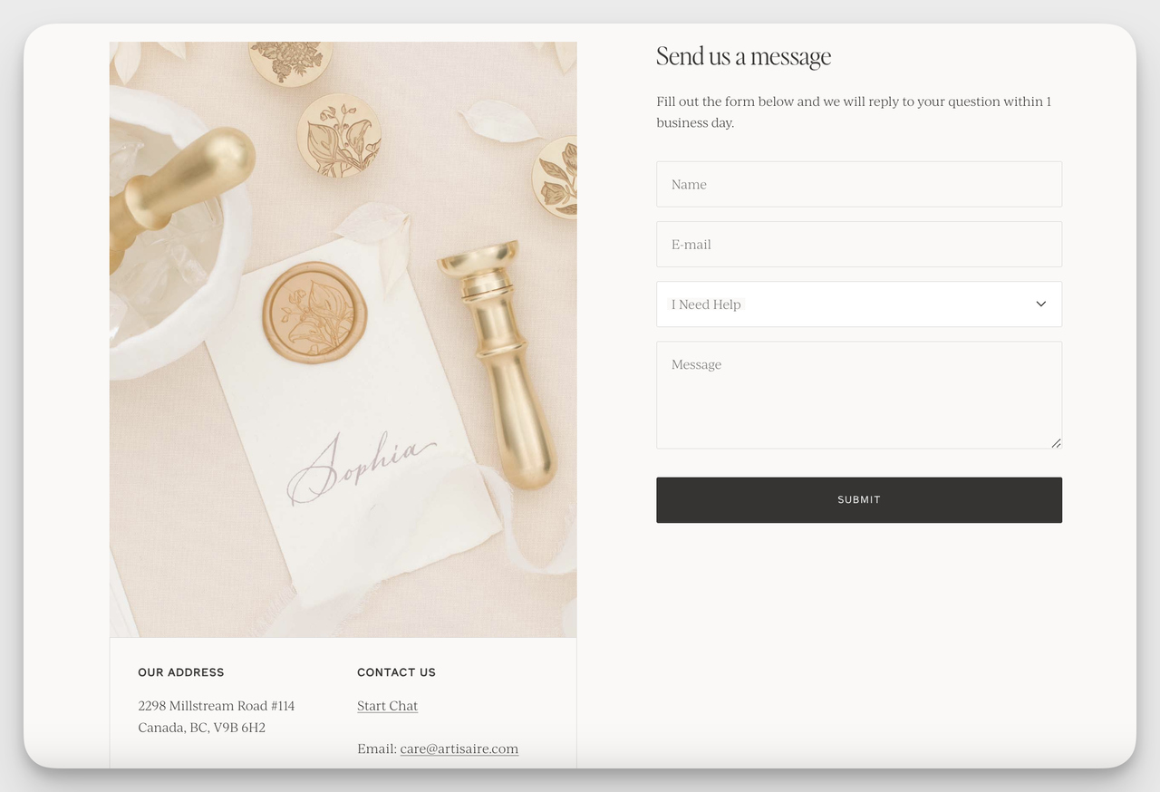 Artisaire wax seal brand contact form example