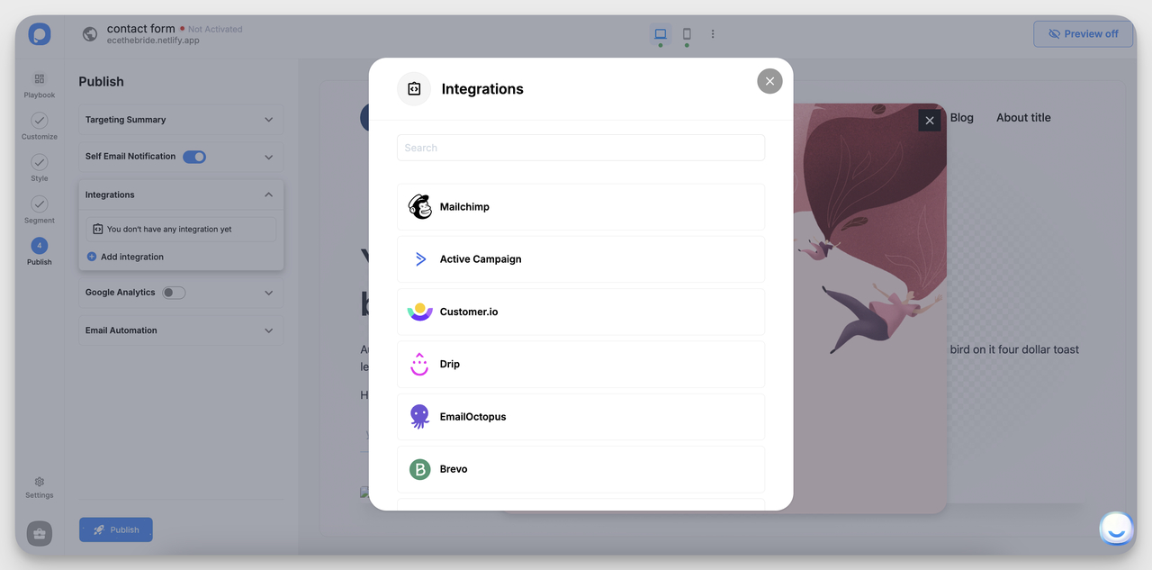 Popupsmart integrations panel for connecting form submissions to CRM