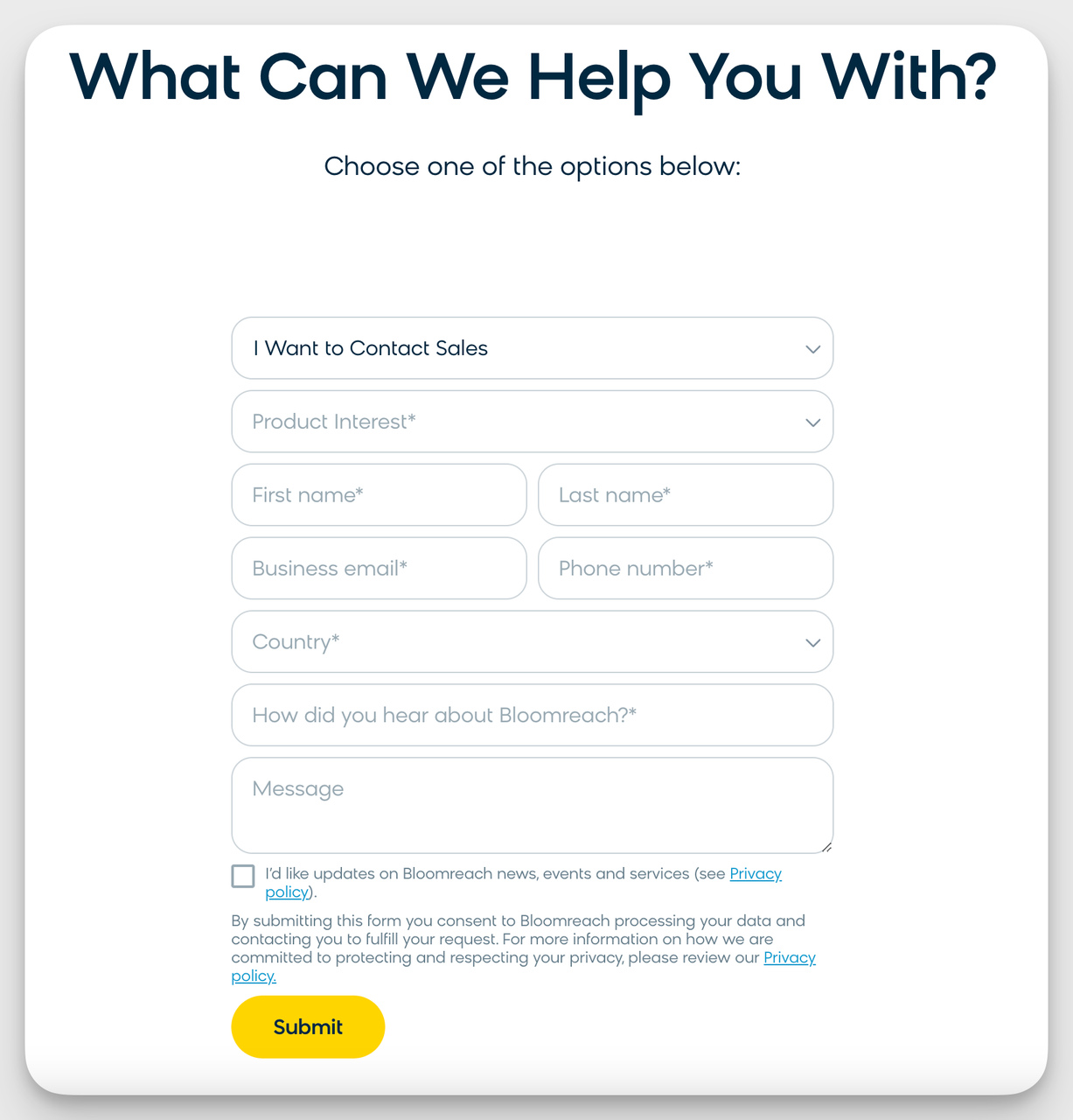 Bloomreach contact form example with clear CTA