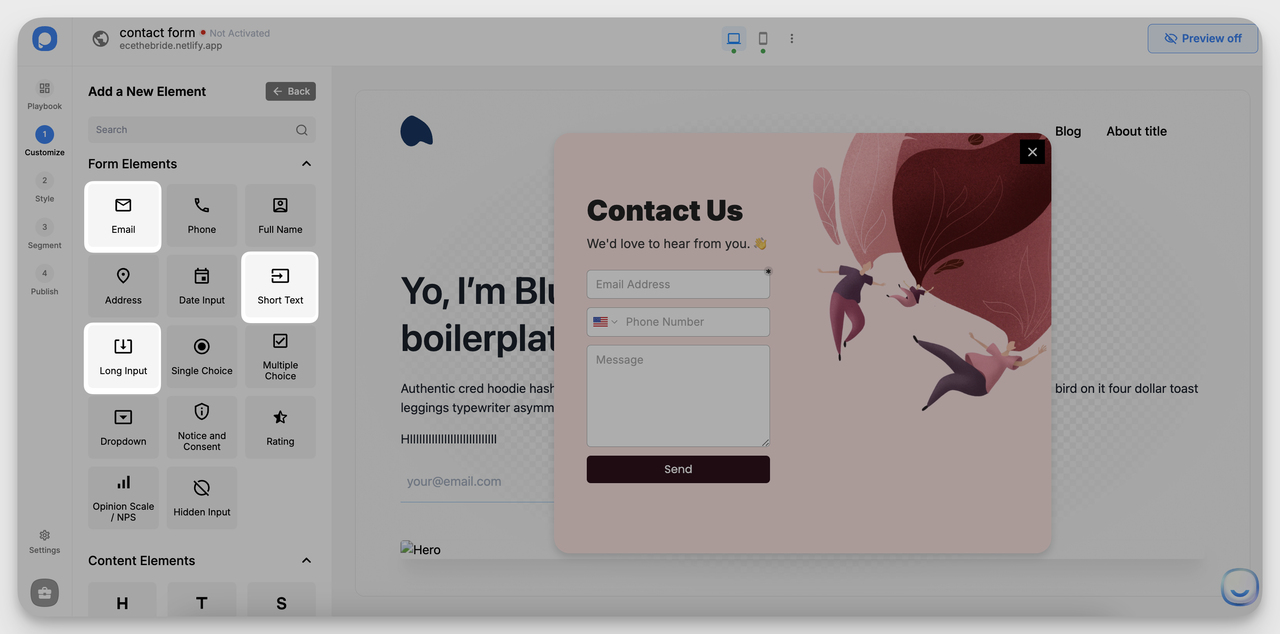 Adding data input elements to a Popupsmart contact form