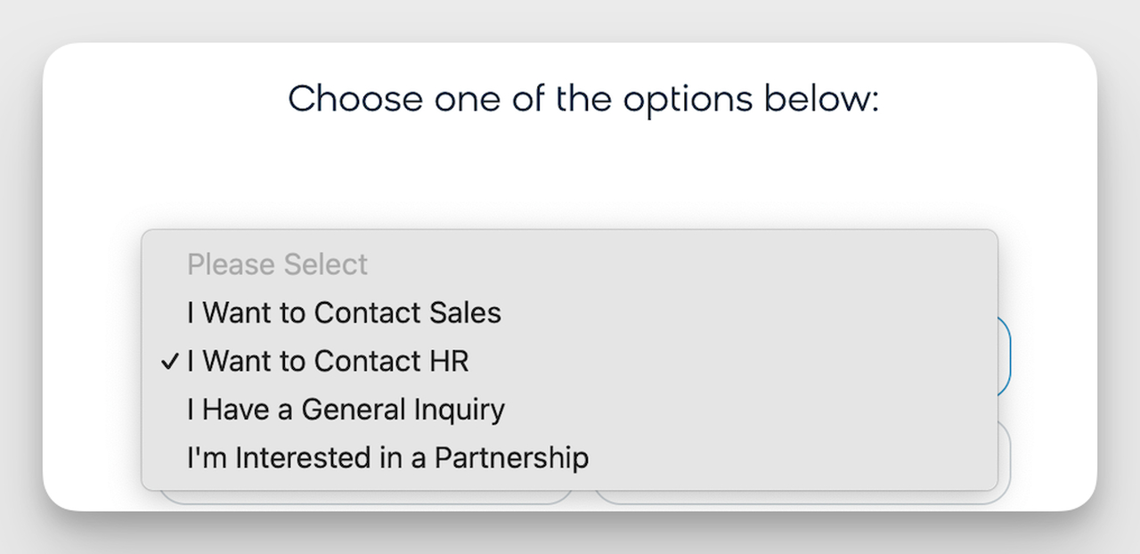 Bloomreach contact form dropdown showing reason-for-inquiry selection