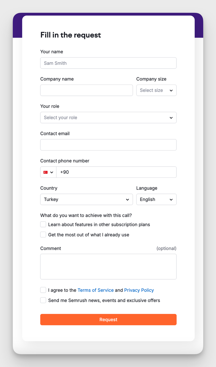 Semrush standard contact form example