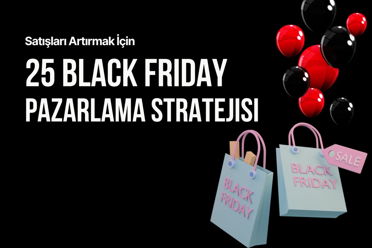 The cover for Black Friday Marketing Strategies with shopping bags icon and balloons on a black background