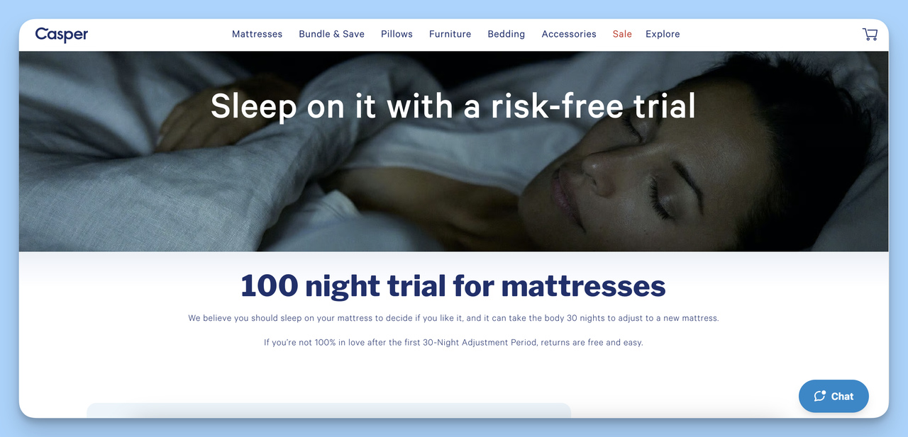 100-night trial period example of Casper as a DNVB brand