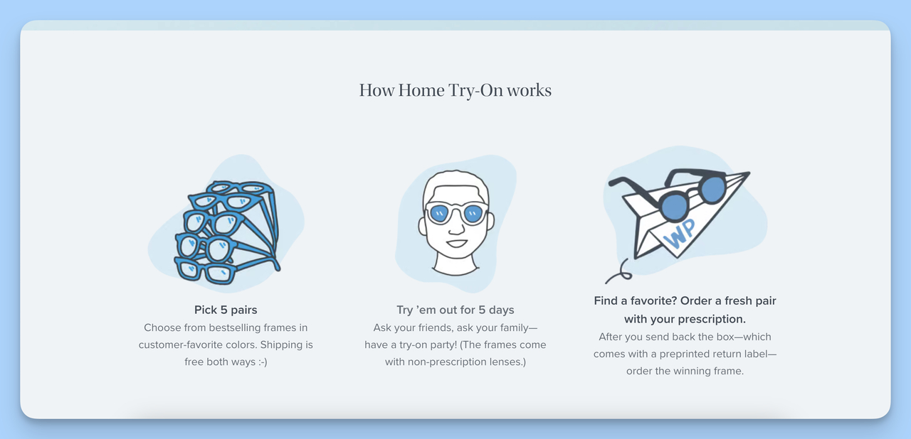 DNVB example Warby Parker and its home try on program