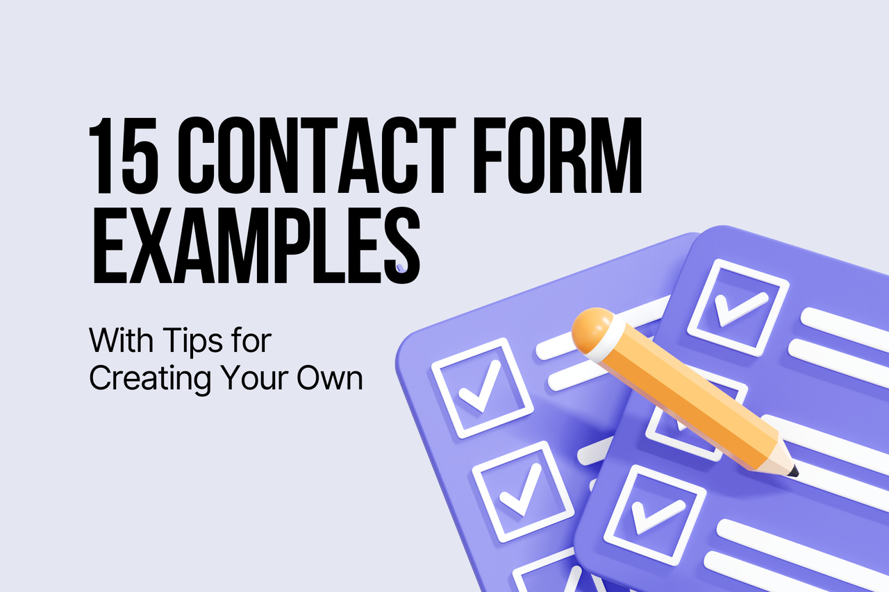 A cover image with the title "15 Contact Form Examples (With Tips for Creating Your Own)" and visualization of contact notebook on the right.