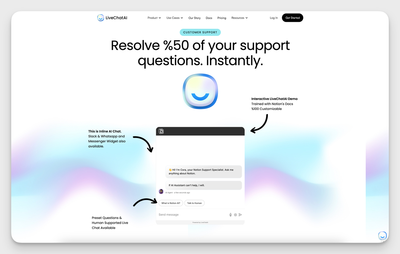 LiveChatAI customer support homepage