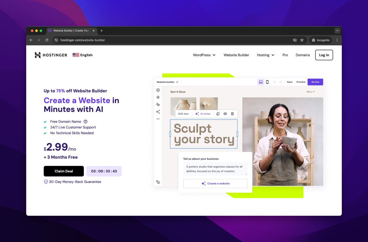 the landing page of Hostinger's website builder which is a website builder for nonprofit organizations