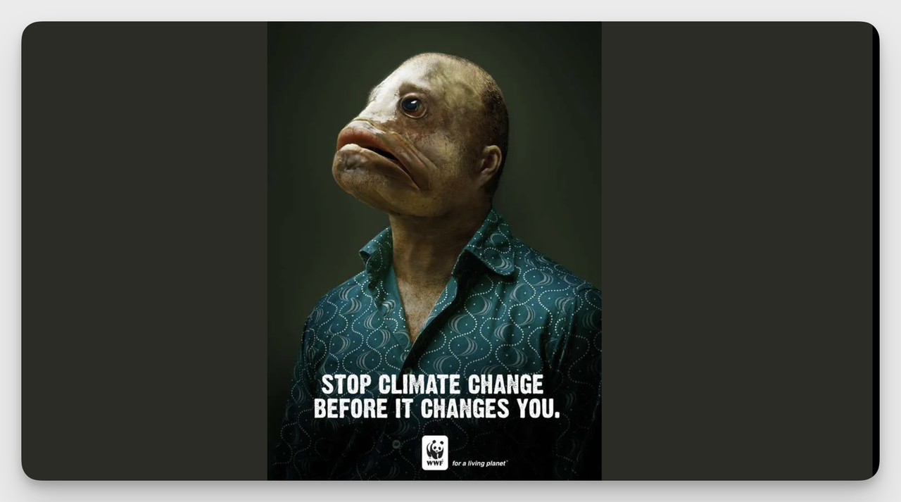 WWF climate change ad showing human-fish hybrid illustrating environmental consequences