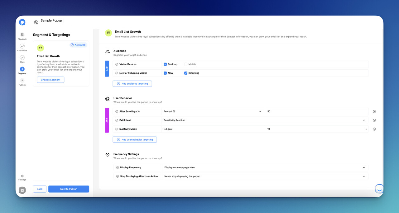 the Popupsmart dashboard for behavioral trigger