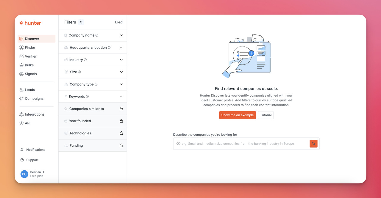 the dashboard of Hunter.io