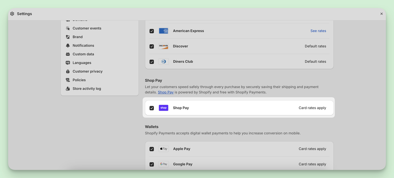Shopify dashboard page showing Shop Pay enable toggle.