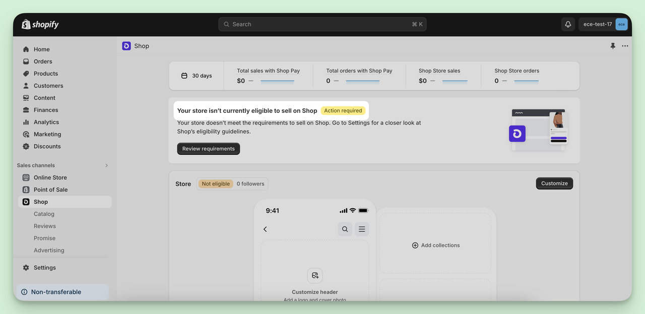 If your store is not yet eligible, 'require review' button warning.