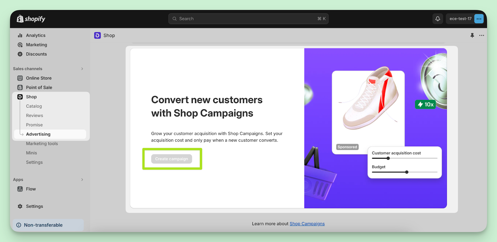 Create campaigns that include Shop Cash offersNew campaign creation page in shop campaign in Shopify dashboard