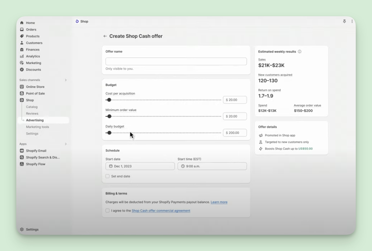 Creating shop cash offer on Shopify admin panel.