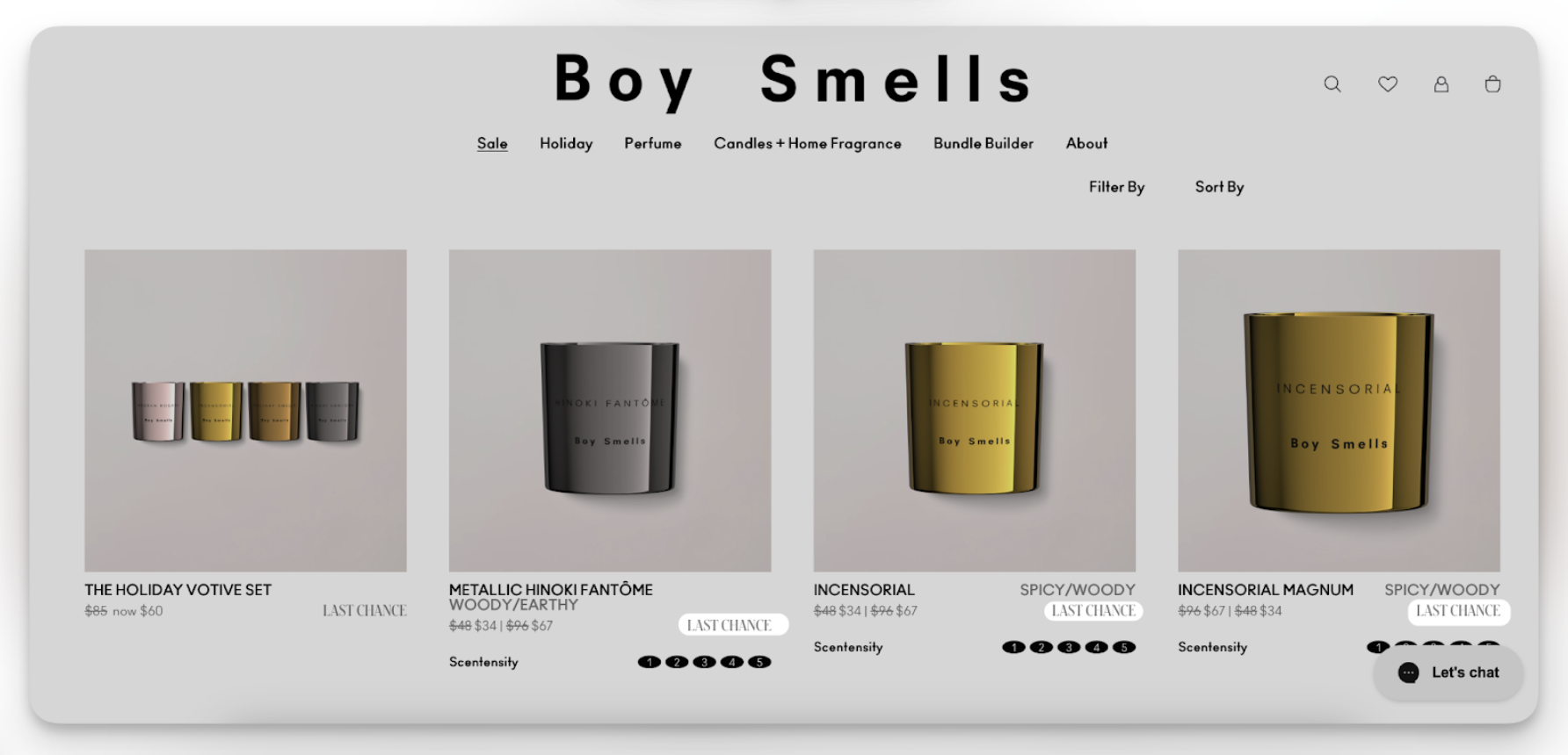 Boy Smells product page using Last Chance tags and discounted prices to signal while supplies last scarcity