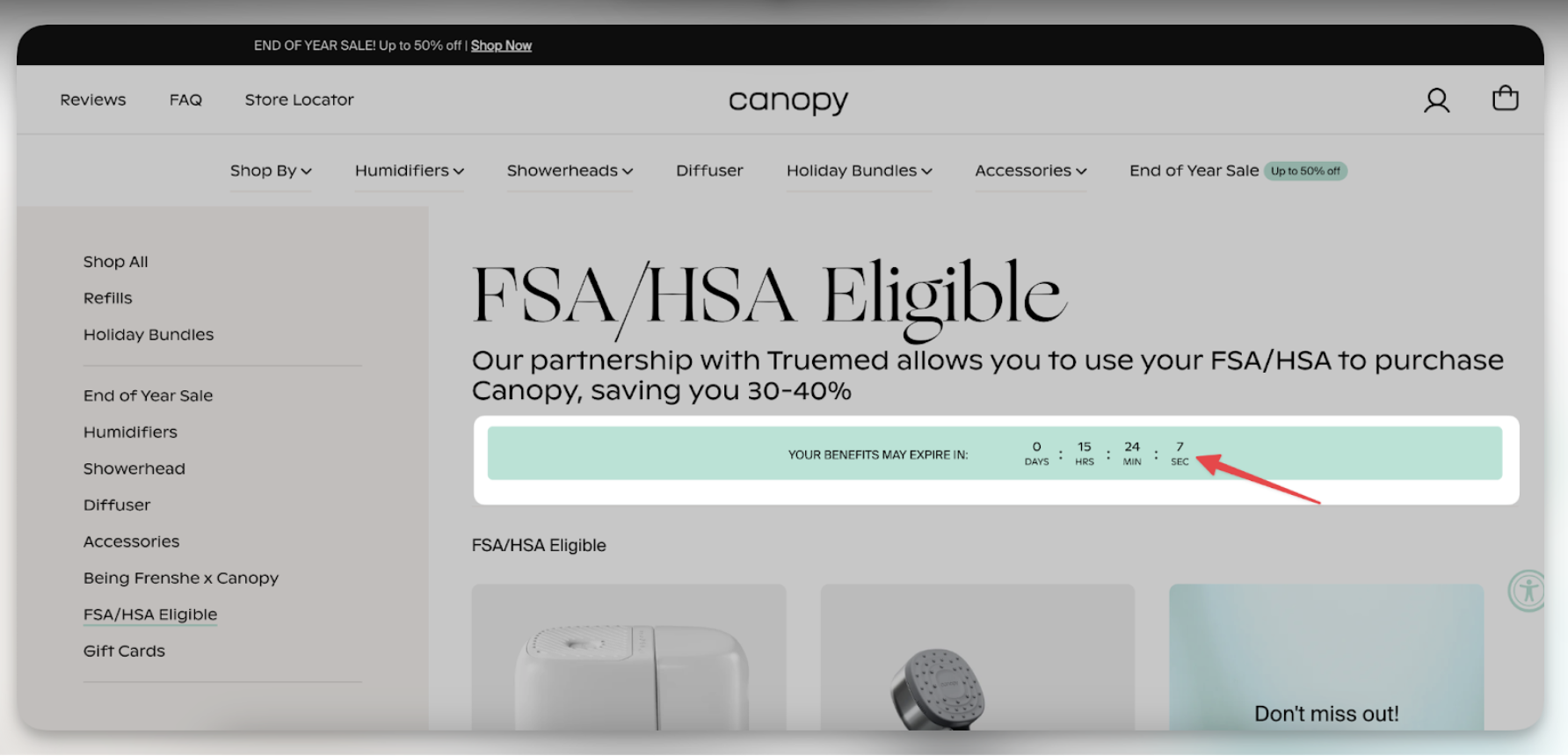 Canopy product page with a live countdown timer tied to an FSA HSA eligibility deadline