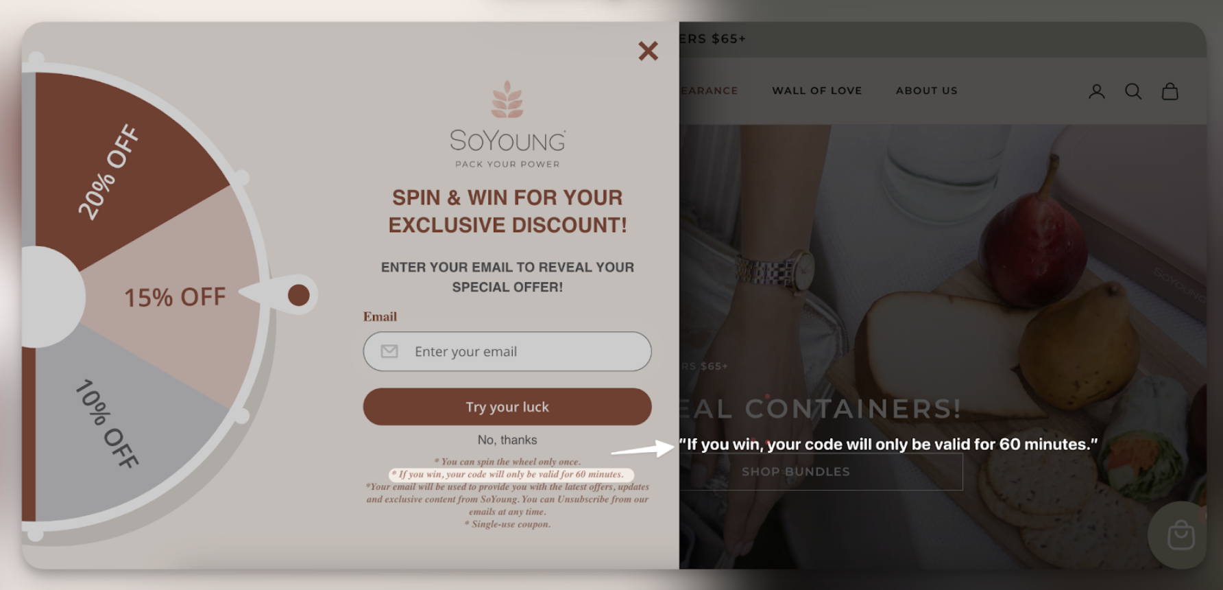 SoYoung spin to win wheel popup with a coupon valid for only 60 minutes after winning