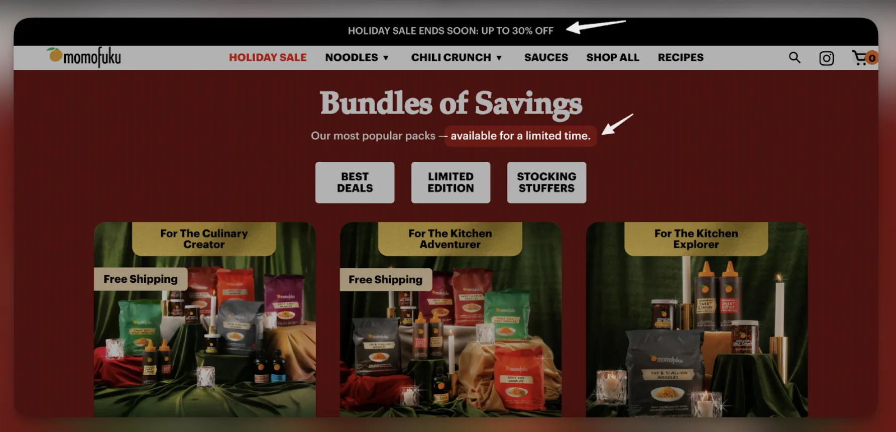 Momofuku limited time bundles banner tied to a holiday season for while supplies last urgency