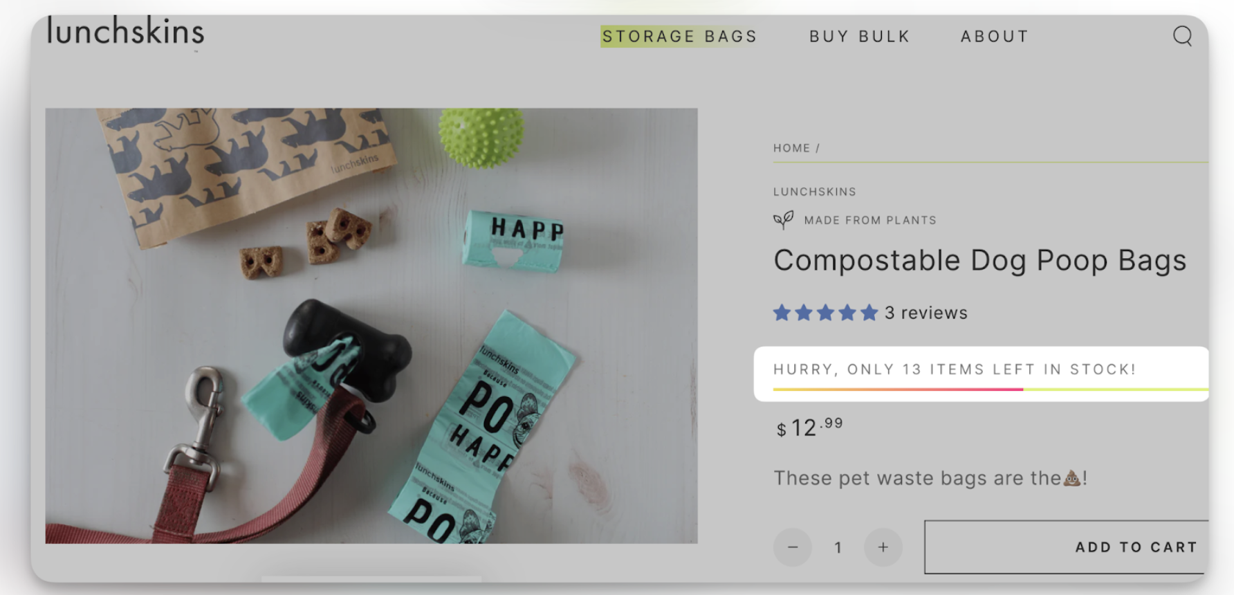 Lunchskins product page showing only 13 items left in stock with a visual progress bar