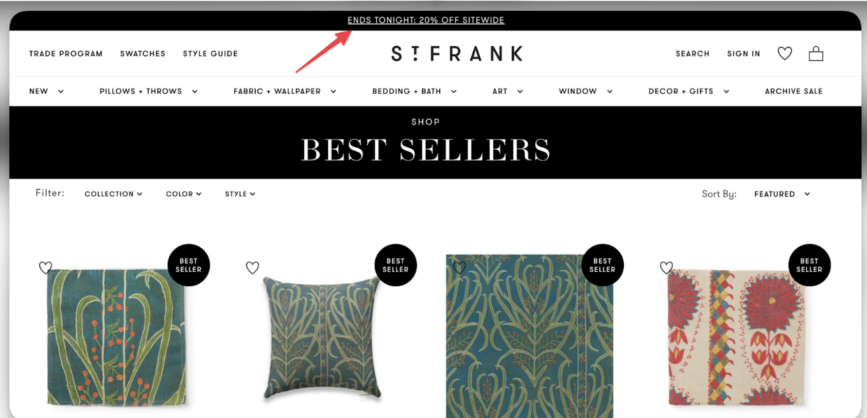 St. Frank top-of-page banner announcing Ends Tonight 20 percent off sitewide deadline
