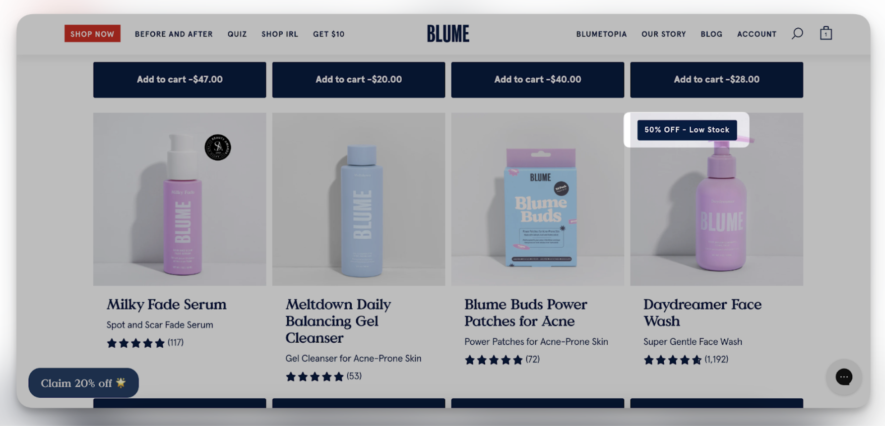 Blume banner combining a 50 percent off discount with a low stock warning for dual urgency