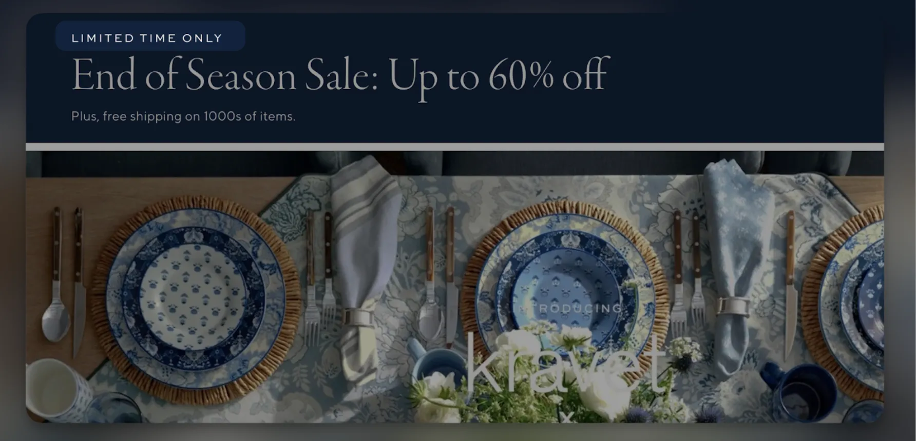 Pottery Barn end of season sale promotion offering up to 60 percent off plus free shipping
