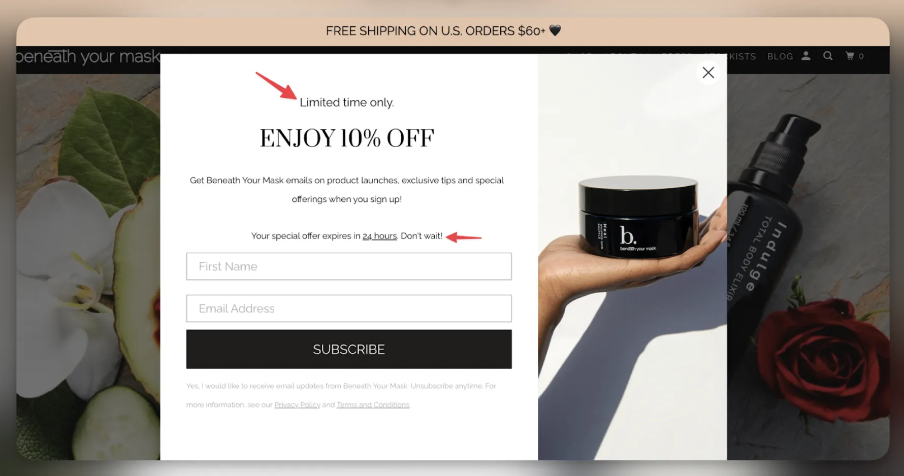 Limited Time Only popup from Beneath Your Mask showing a 24-hour while supplies last offer