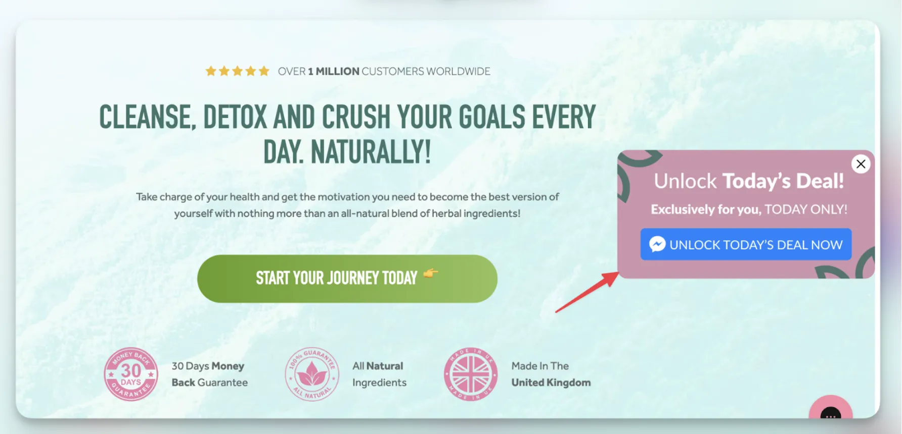 Herbal Detox sticky popup using Today Only and Exclusively for You personalized urgency copy