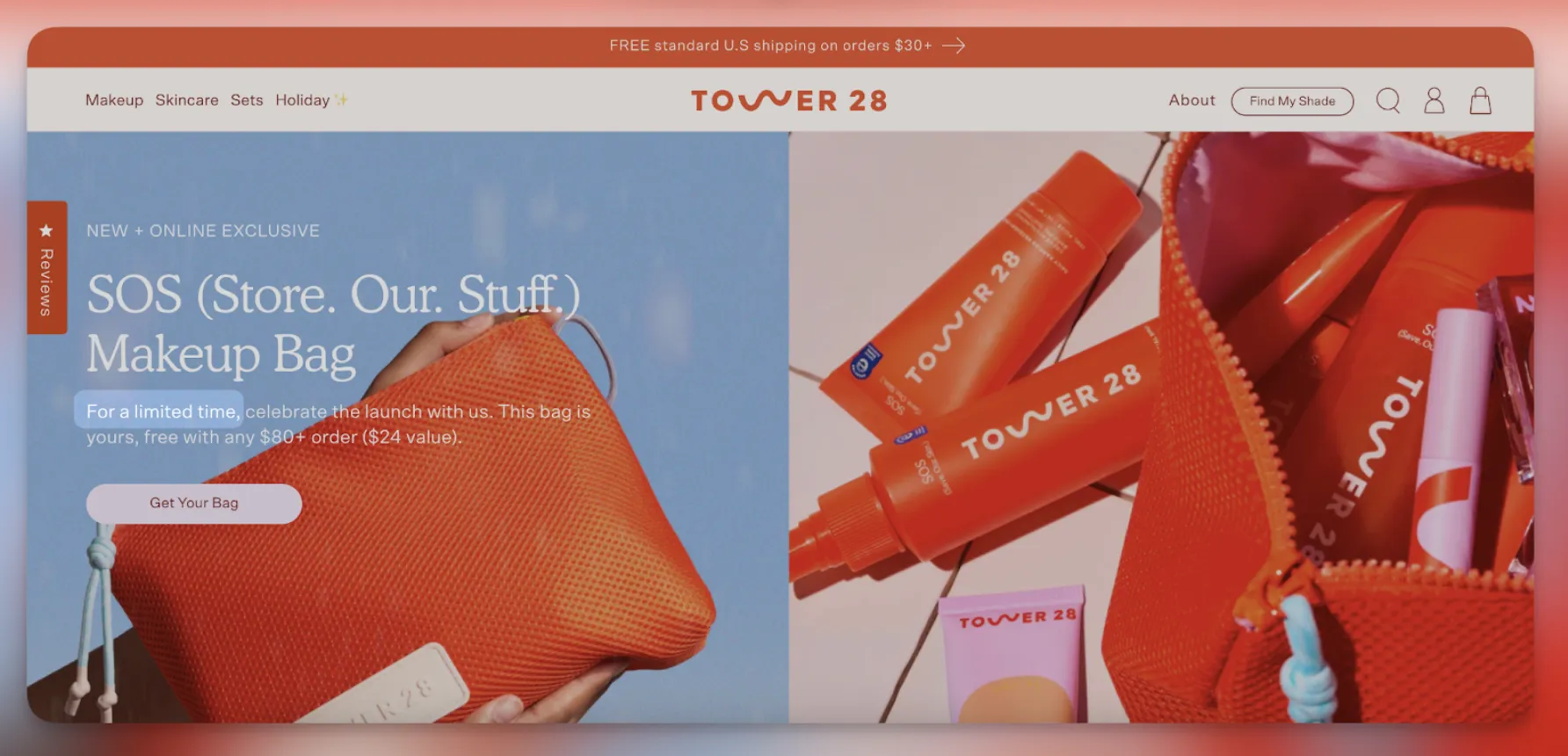 Tower 28 limited time free makeup bag offer with an 80 dollar minimum order threshold