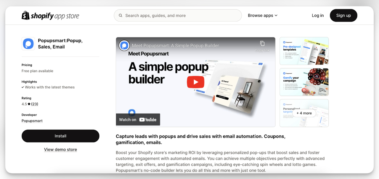 Popupsmart Shopify app page for adding while supplies last scarcity messaging to a store