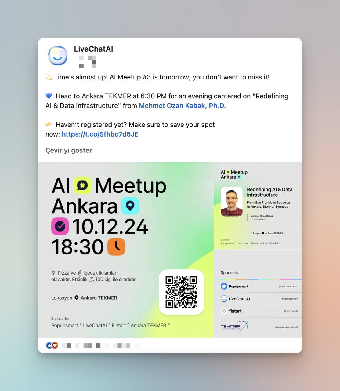 LiveChatAI LinkedIn post for AI Meetup