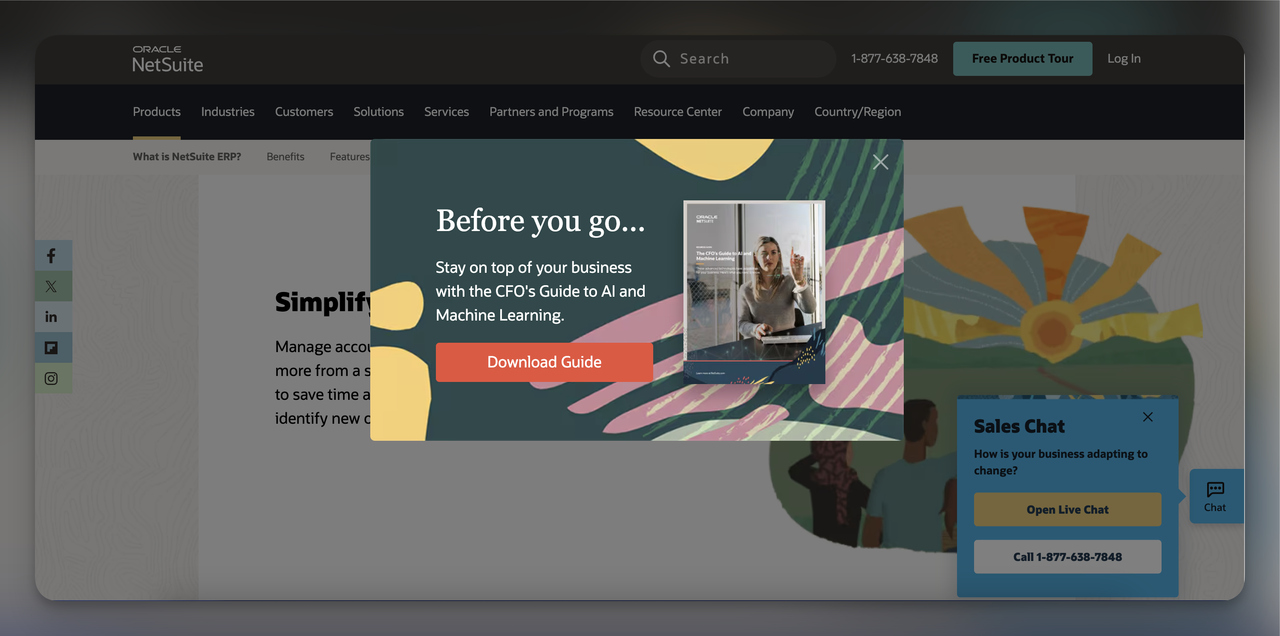Oracle NetSuite B2B exit-intent popup example