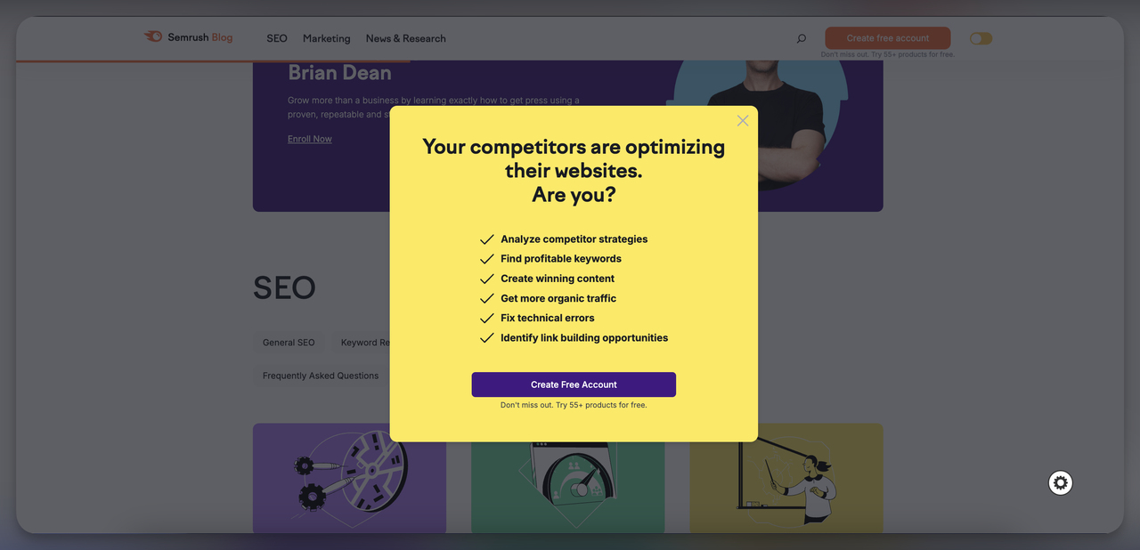 Semrush popup for b2b audience
