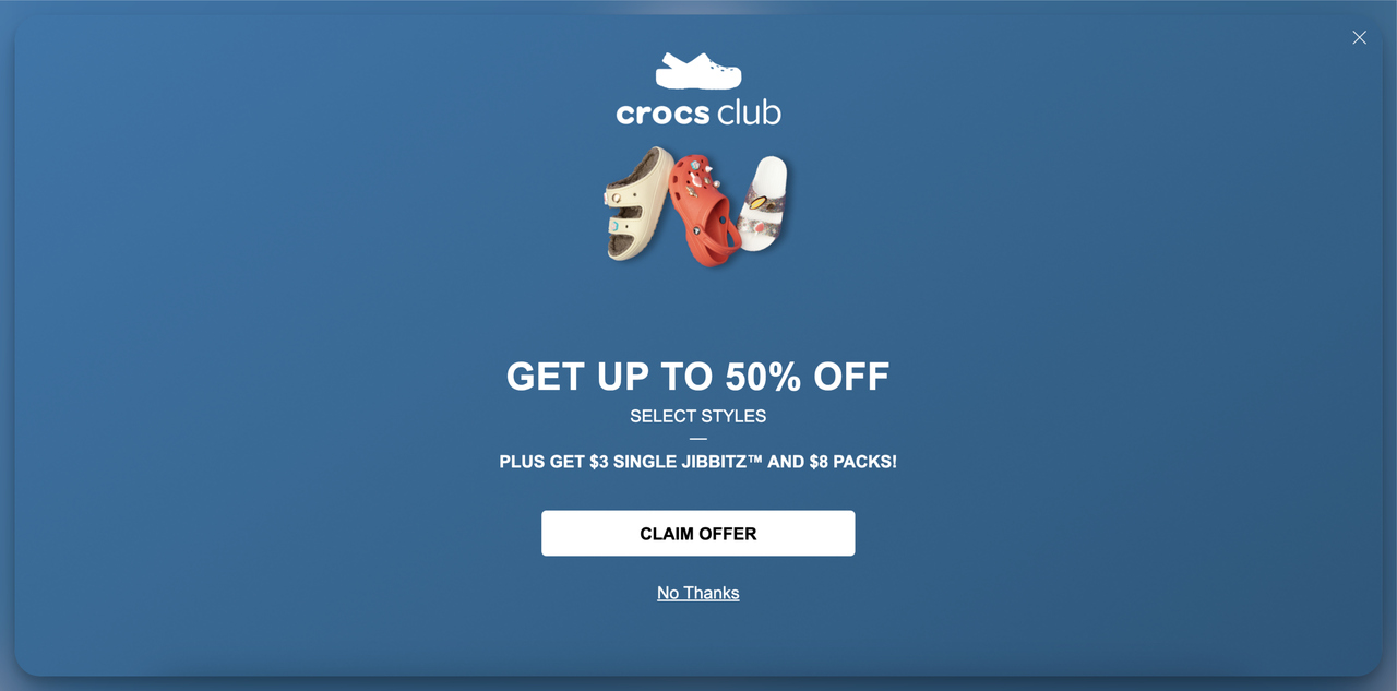 Persuasive words that sell on Crocs popup 