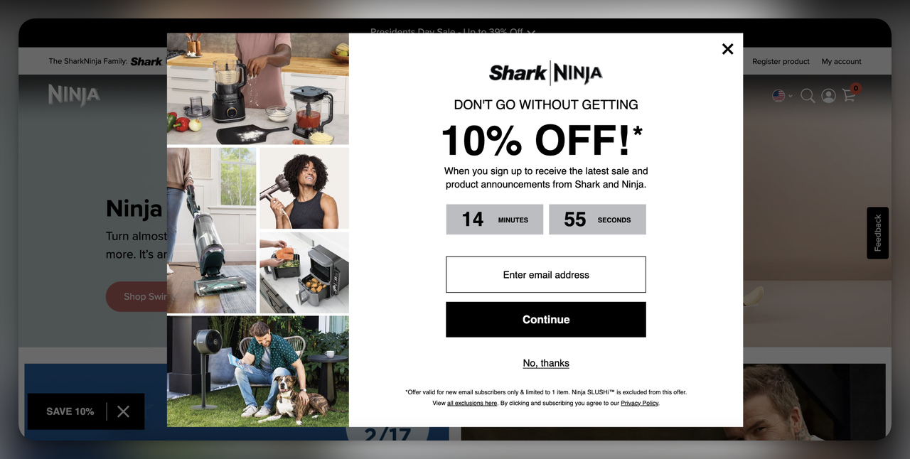 Persuasive words that sell on Shark Ninja's popup